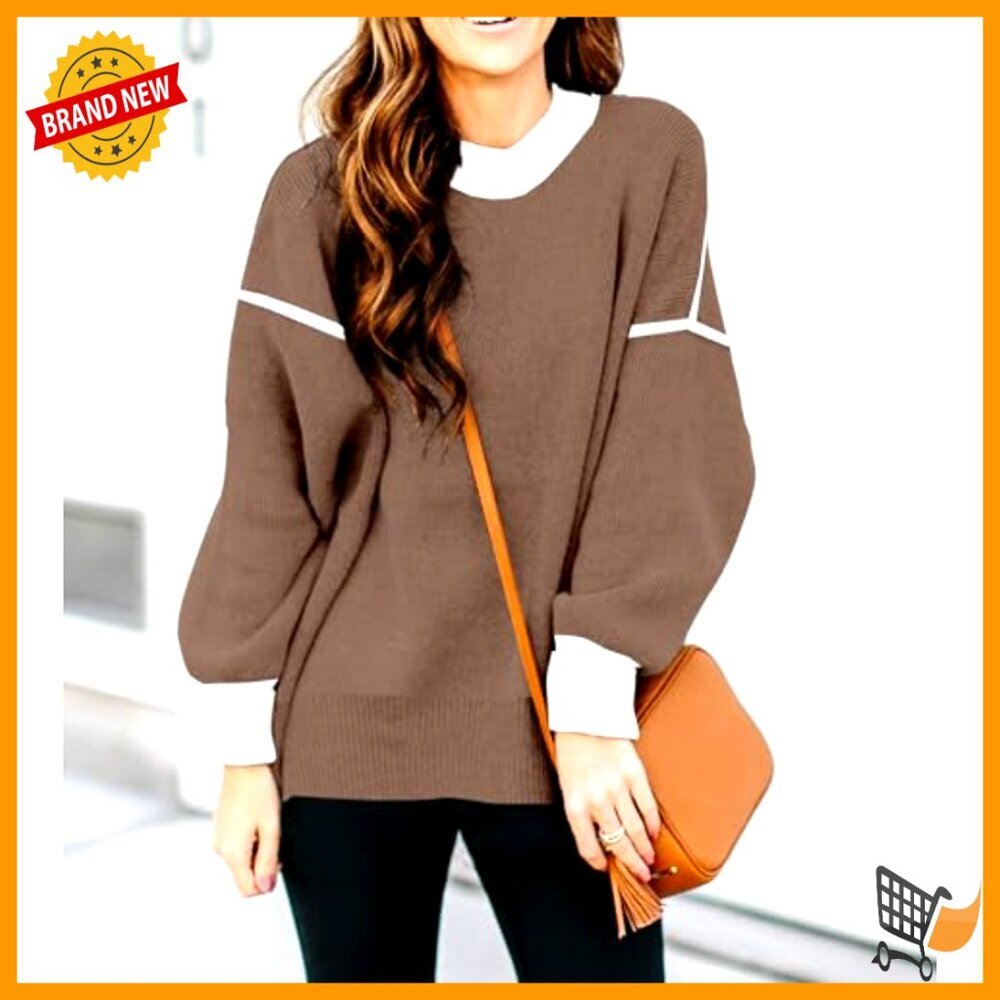 Oversized Batwing Sleeve Pullover Sweater Chunky Knit Colorblock Striped Tunic - Picture 3 of 7